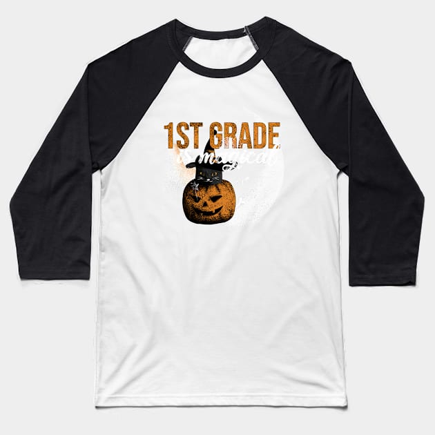 1st Grade is Magical - Funny Vintage Black Cat and Pumpkin Baseball T-Shirt by Rishirt